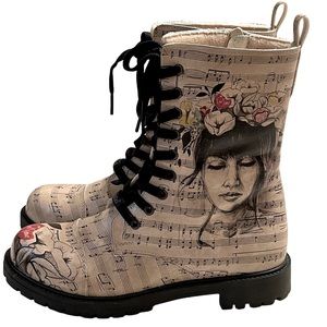 RARE DOGO Cream Black Vegan Leather Lugged Combat Boots Avant Garde Bohemian